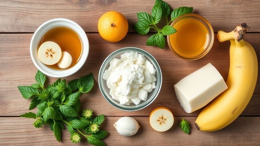 Visão de cima dos ingredientes — bananas maduras, açúcar e limão — organizados em uma bancada de madeira