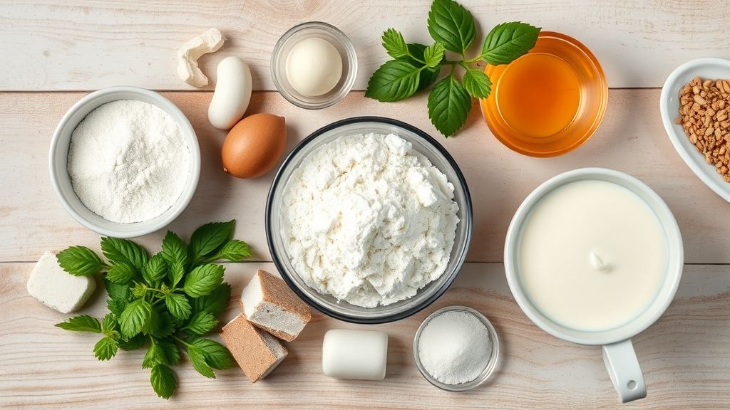 Visão de cima com leite em pó, açúcar e leite condensado organizados sobre uma bancada