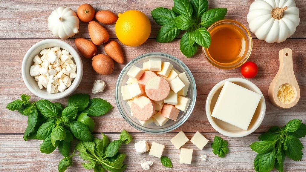 Ingredientes do doce de leite ninho — leite em pó, leite condensado, manteiga e corantes organizados sobre bancada