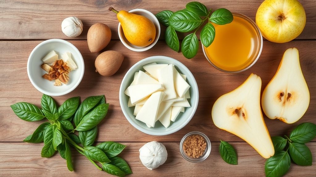 Visão de cima com peras, açúcar, limão e canela organizados em uma bancada rústica