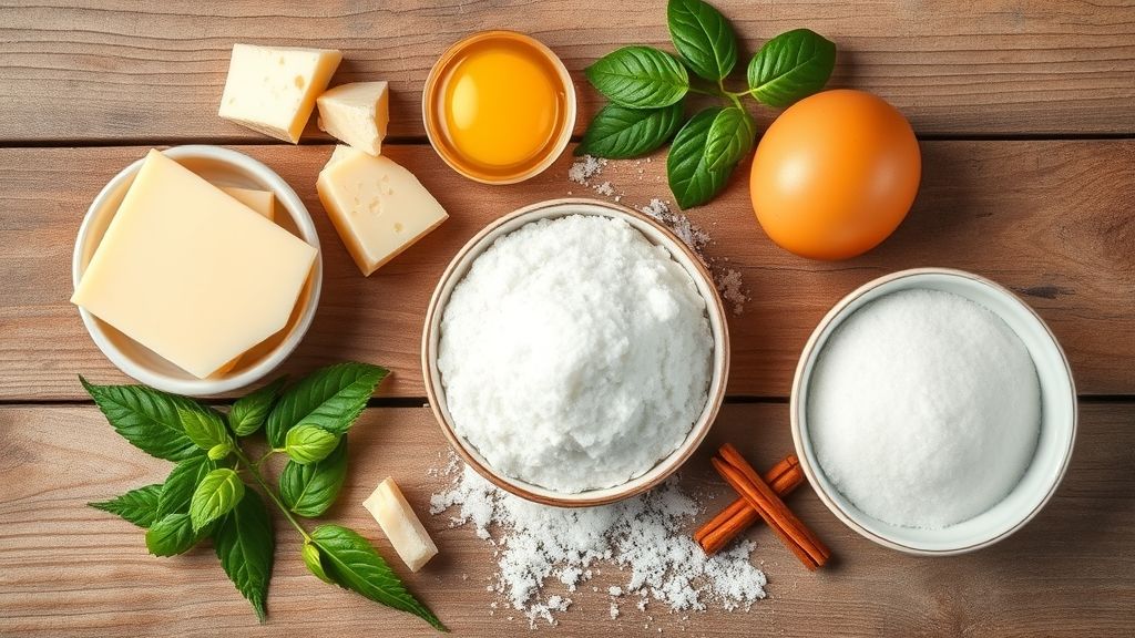 Ingredientes do doce de queijo dispostos sobre bancada de madeira — queijo ralado, ovos, açúcar, farinha e especiarias