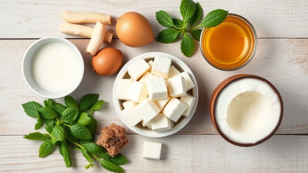 Ingredientes medidos e organizados em tigelinhas sobre bancada rústica: coco ralado, leite em pó, adoçante, leite de coco e essência de baunilha.