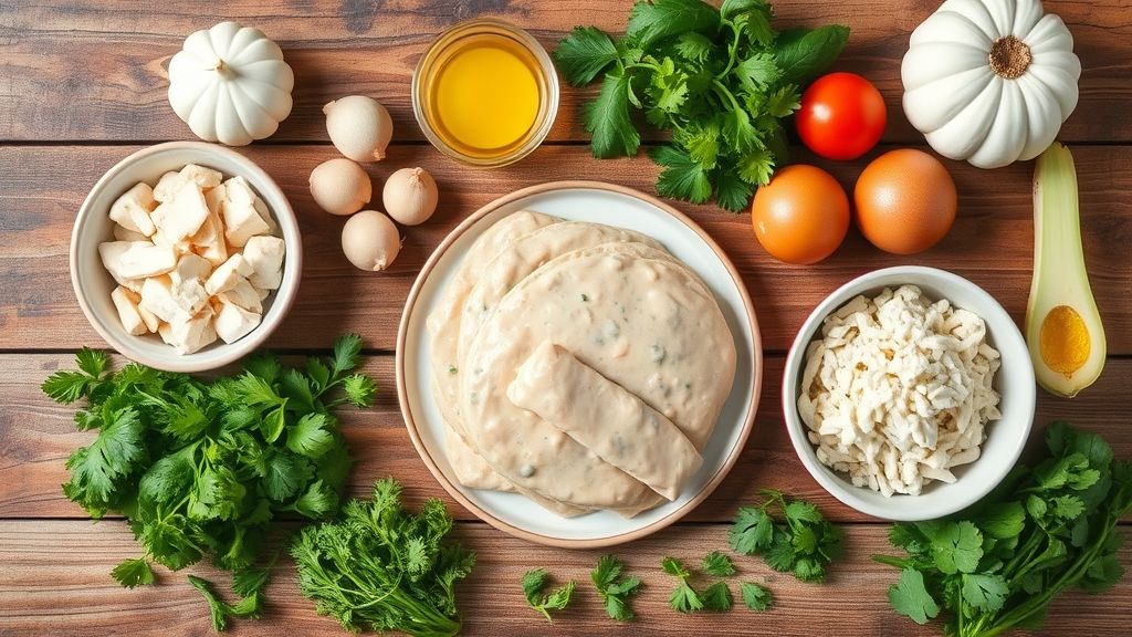 Ingredientes da empadinha dispostos sobre uma bancada de madeira, com farinha, frango, ovos e creme de leite organizados