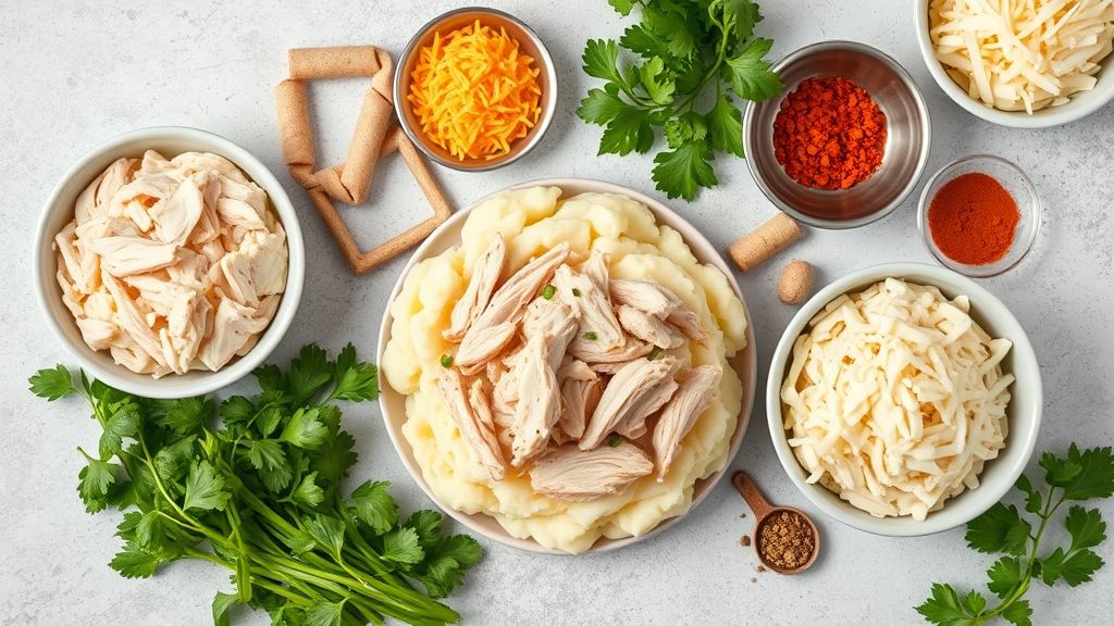 Ingredientes do escondidinho de frango organizados sobre bancada com purê, frango desfiado e queijos