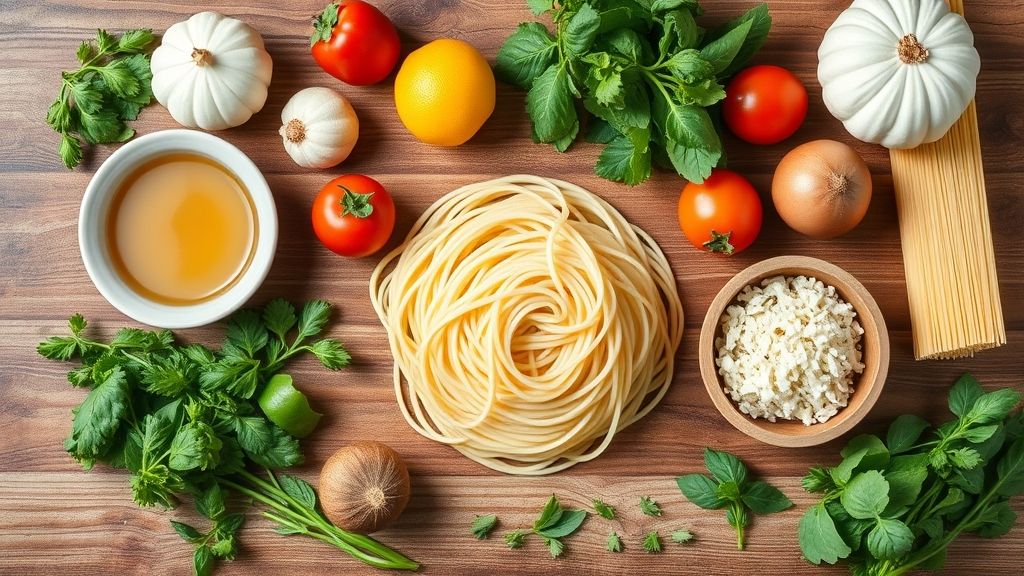 Visão de cima com ovos, queijo parmesão, bacon, espaguete e pimenta-do-reino dispostos em uma bancada de madeira.