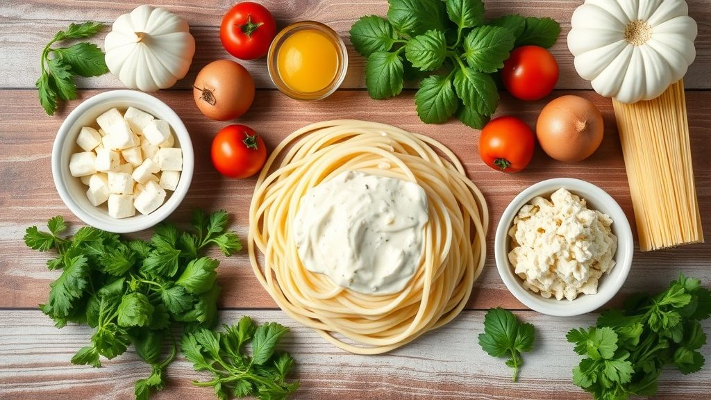Visão de cima com os ingredientes da receita organizados em uma bancada — manteiga, creme de leite, parmesão, alho e espaguete.