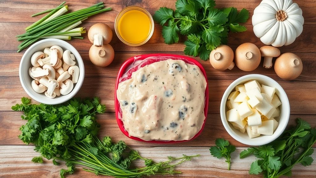 Visão de cima mostrando carne em tiras, cogumelos frescos, creme de leite e temperos organizados sobre bancada de madeira