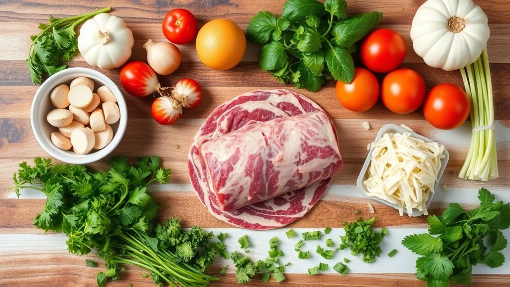 Ingredientes organizados em uma bancada, como carne bovina aberta, bacon, queijos, cenoura e linguiça calabresa