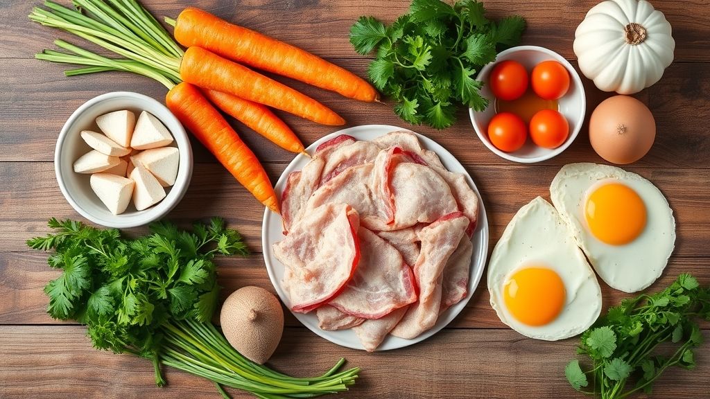 Visão de cima mostrando farinha, cenoura ralada, ovos, bacon e temperos organizados sobre uma bancada de madeira.