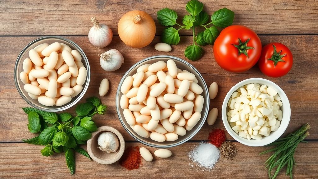 Vista de cima com feijão branco cru, cebola, alho, tomate e temperos organizados sobre uma bancada de madeira