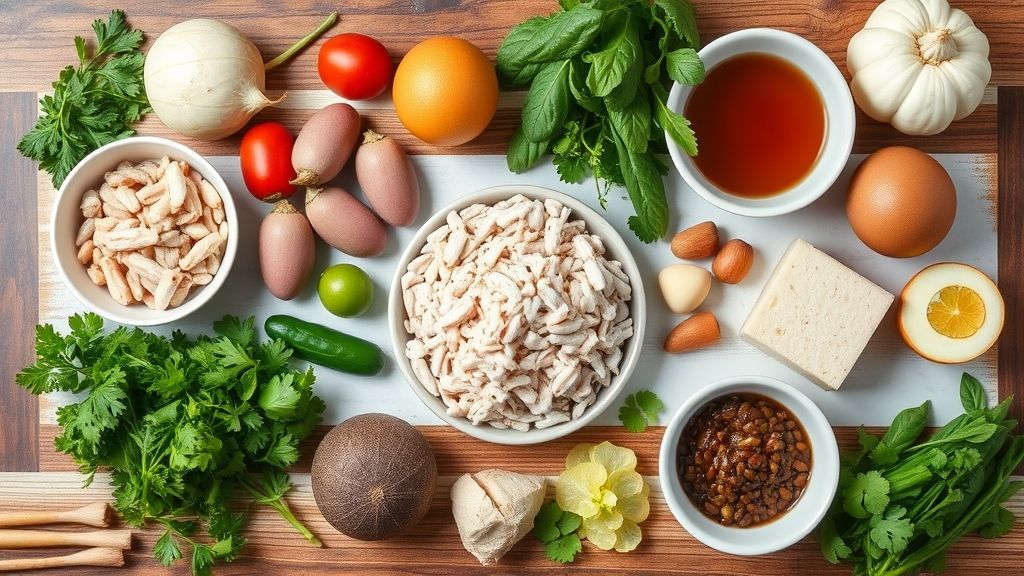 Visão de cima dos ingredientes da feijoada sem carne de porco organizados em uma bancada rústica