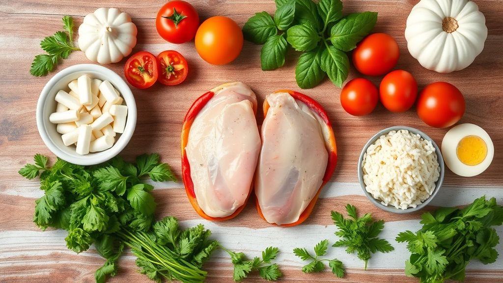 Visão de cima com os ingredientes organizados sobre uma bancada de madeira