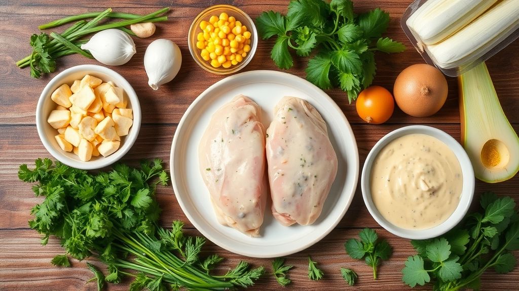 Visão de cima com os ingredientes da receita organizados em uma bancada de madeira