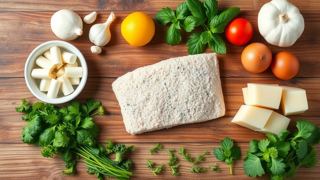 Visão de cima com os ingredientes da receita organizados em uma bancada: filés de peixe, ovos, farinha e limão.