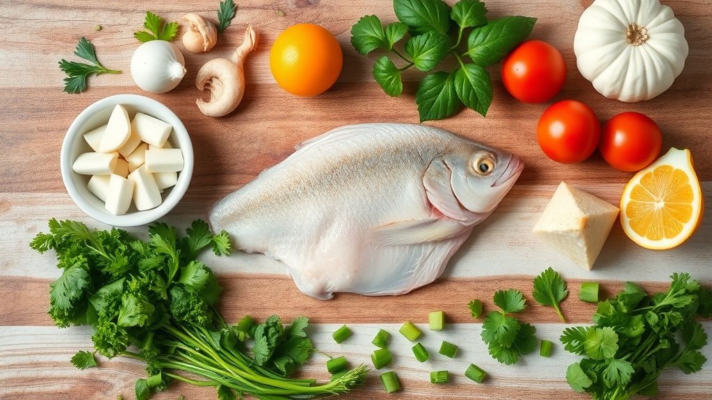 Visão de cima com os ingredientes da receita organizados em uma bancada rústica