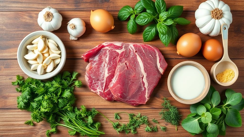 Visão de cima com os ingredientes da fraldinha ao alho organizados em uma bancada rústica