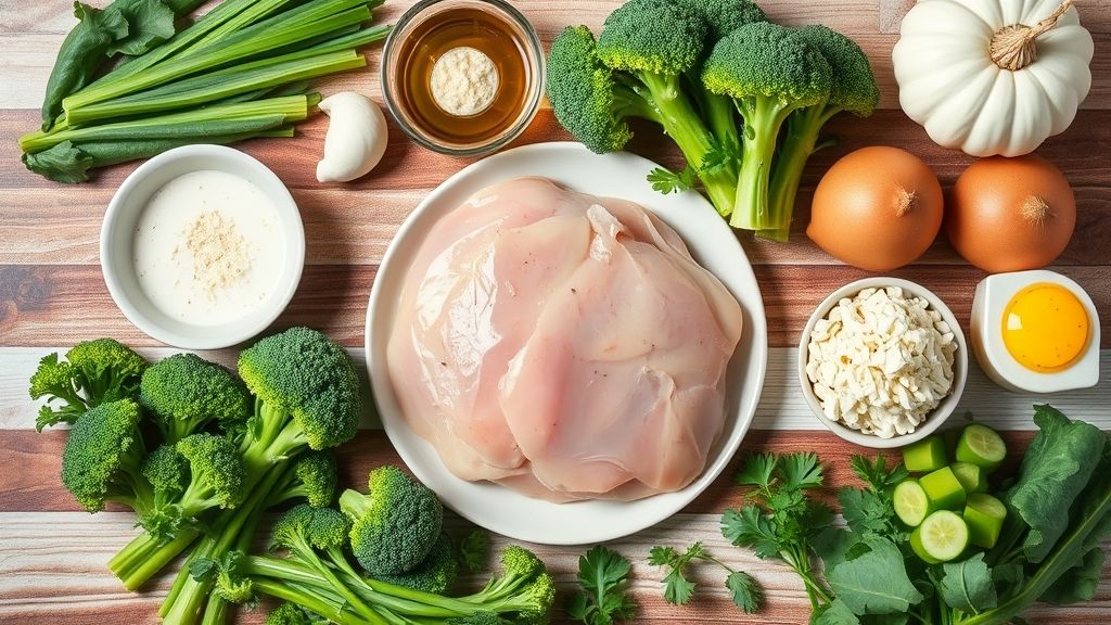 Ingredientes separados em tigelas e dispostos em bancada de madeira, incluindo frango, brócolis e cenoura.