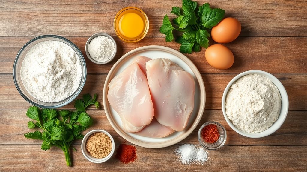 Ingredientes dispostos sobre bancada — filés de frango, ovos, farinhas, sal e pimenta
