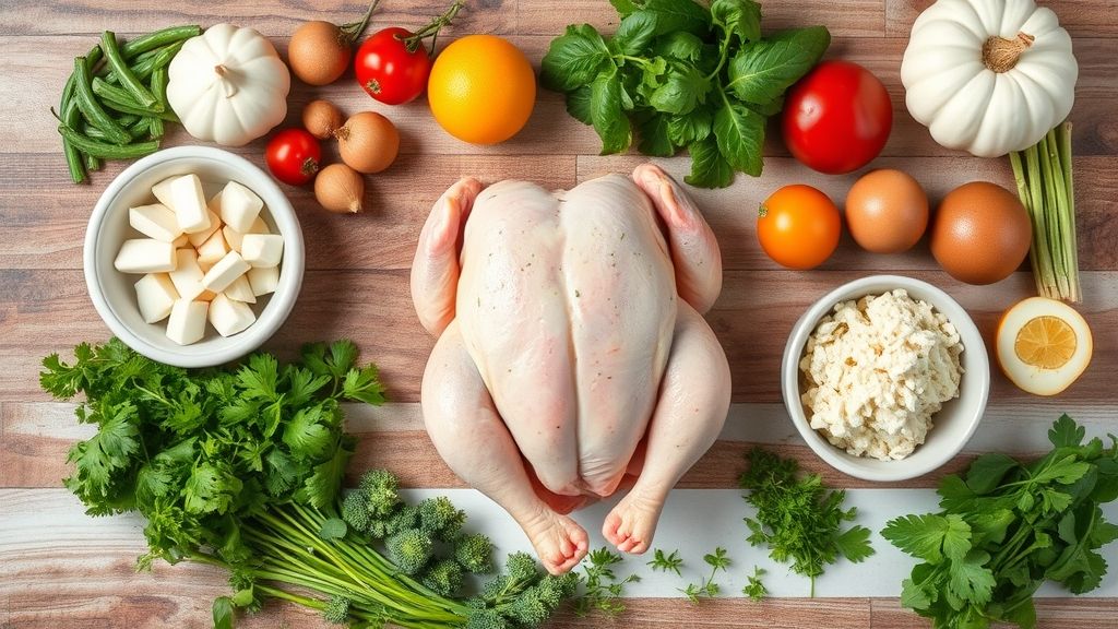 Visão de cima com os ingredientes da receita dispostos em bancada de madeira, mostrando o frango, temperos e recheio