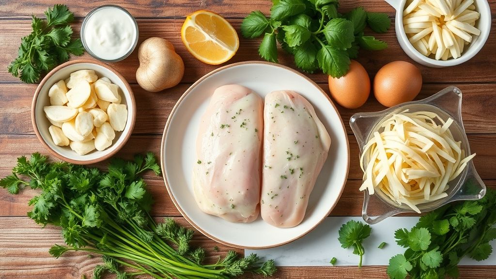 Visão de cima mostrando frango desfiado, milho, requeijão, creme de leite, queijo e batata palha organizados sobre bancada