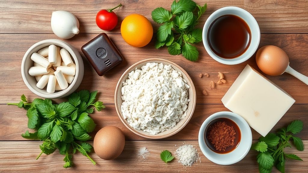 Visão de cima com chocolate picado, creme de leite e manteiga organizados em uma bancada de madeira