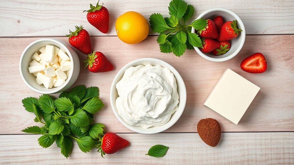 Visão de cima com chocolate branco picado, morangos, creme de leite e manteiga dispostos em uma bancada rústica