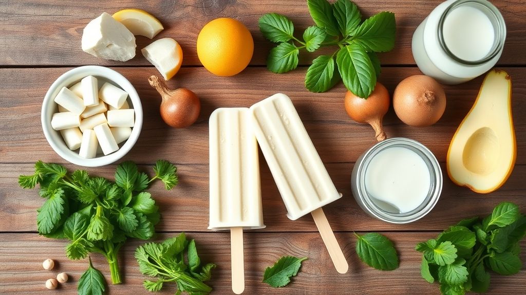 Visão de cima dos ingredientes organizados: leite condensado, leite, bebida alcoólica e essências sobre bancada rústica