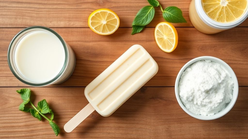 Visão de cima dos ingredientes separados em potes — leite, creme de leite, leite condensado, Tang e emulsificante.