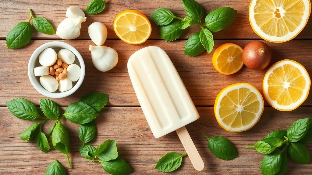 Ingredientes organizados em flat lay, incluindo leite, Tang, creme de leite e leite condensado