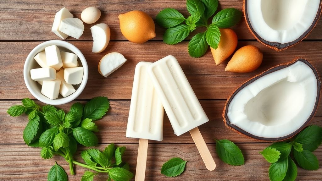 Visão de cima dos ingredientes — leite condensado, coco ralado, leite e leite de coco — organizados em tigelas em uma bancada de madeira