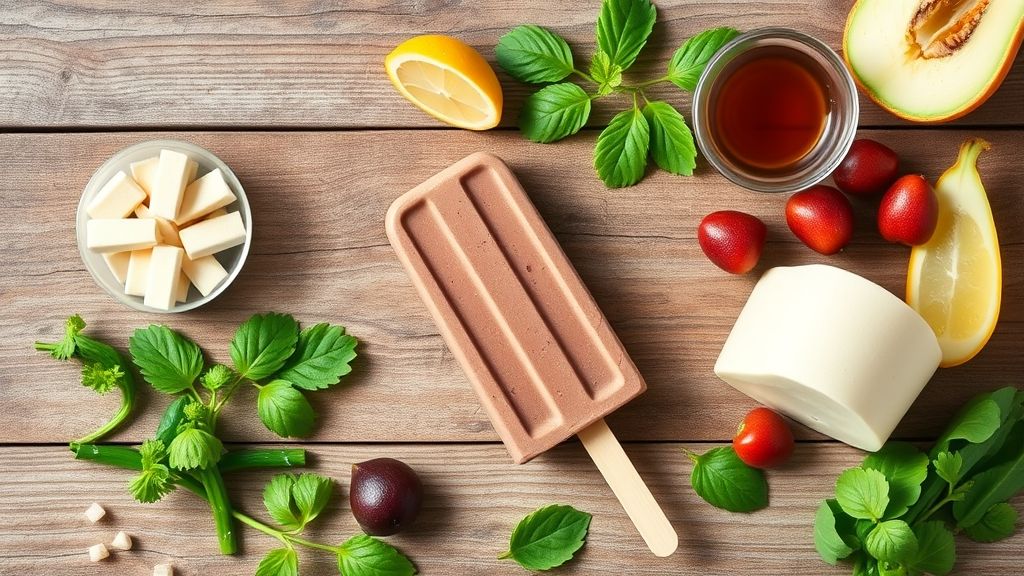 Vista superior mostrando leite, leite condensado, chocolate em pó e utensílios para preparo do geladinho