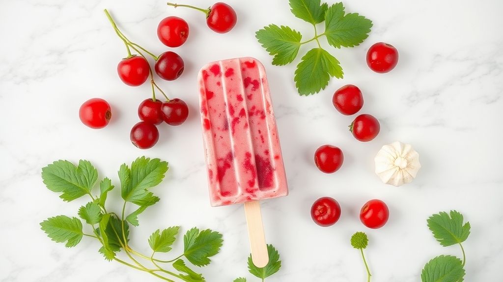 Visão aérea dos ingredientes — leite, leite condensado e xarope de groselha — dispostos sobre uma bancada de mármore.