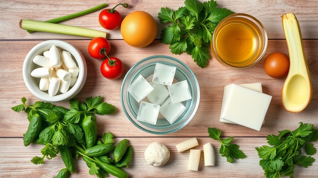 Visão de cima com pacotes de gelatina colorida, copinhos e uma garrafa de vodka dispostos sobre bancada de madeira