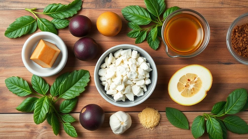 Vista de cima mostrando jabuticabas, açúcar e água organizados em uma bancada de madeira com potes de vidro