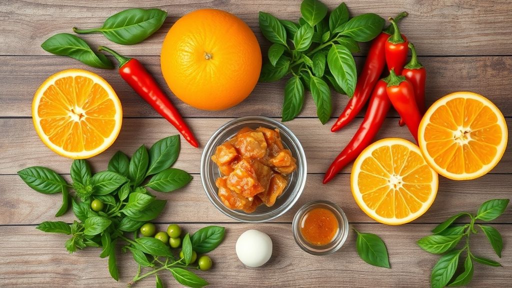 Visão de cima com laranjas, pimenta dedo-de-moça, açúcar e limão dispostos em uma bancada de madeira