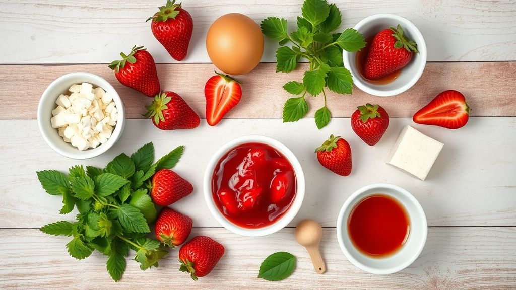 Visão de cima mostrando morangos frescos, açúcar e limão dispostos em uma bancada