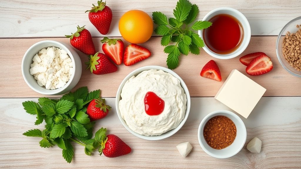 Ingredientes frescos como morangos, açúcar, limão e amido dispostos em bancada de mármore