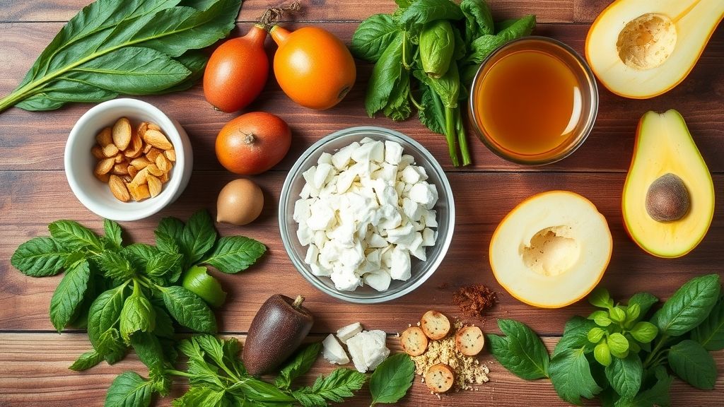 Ingredientes da geleia de pitanga dispostos sobre uma bancada de madeira — pitangas frescas, açúcar e limão