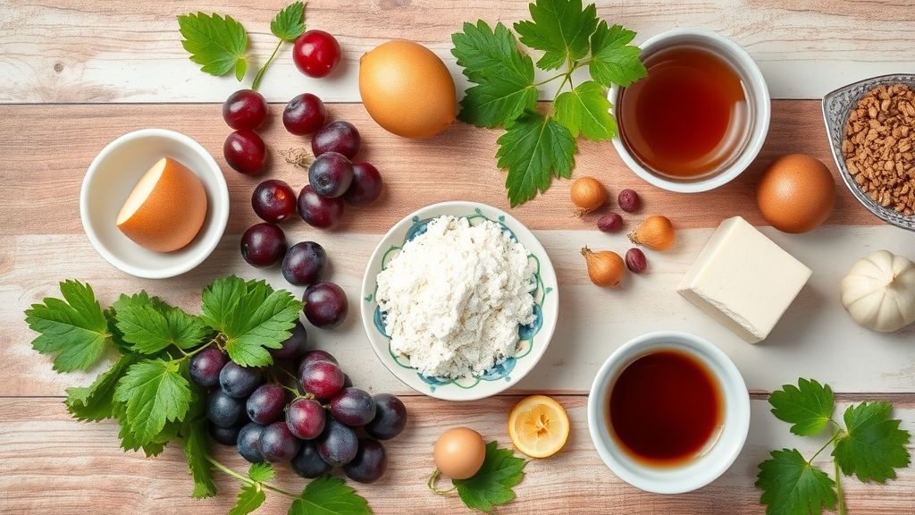 Visão de cima com uvas pretas, maçãs e limão dispostos em uma bancada de madeira