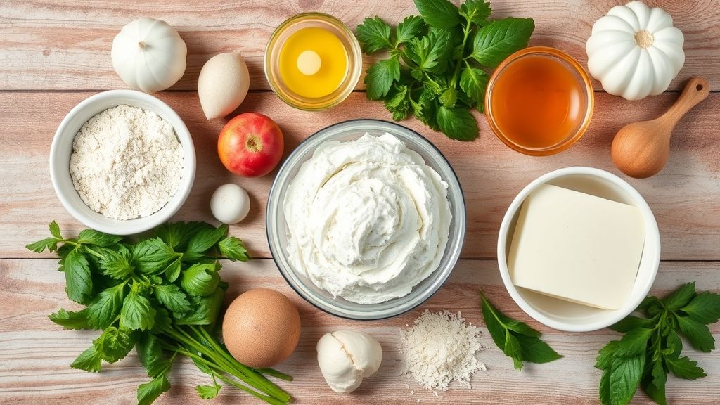 Visão de cima com os ingredientes do glacê organizados em uma bancada de cozinha