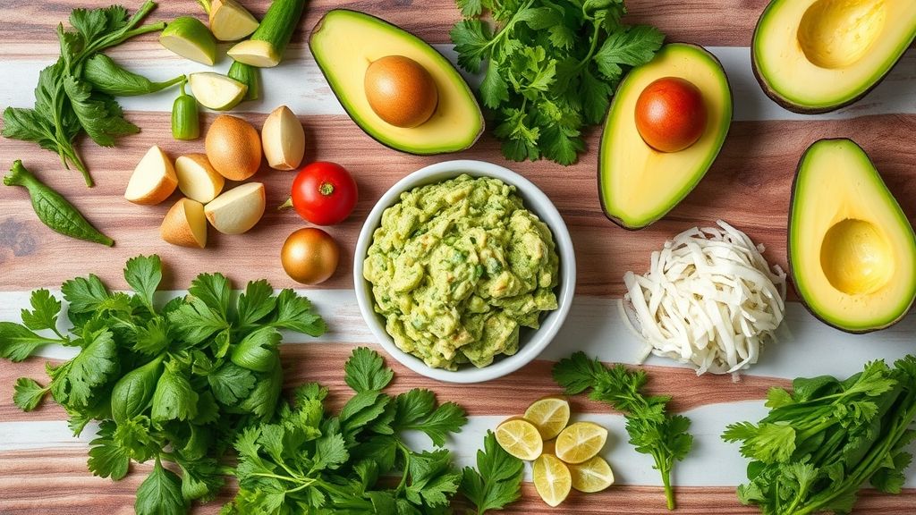 Visão de cima com os ingredientes frescos — abacate, tomate, cebola roxa, limão e coentro — organizados em uma bancada de madeira