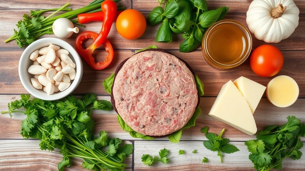 Visão de cima com carne de porco moída, temperos e pão dispostos em uma bancada de madeira