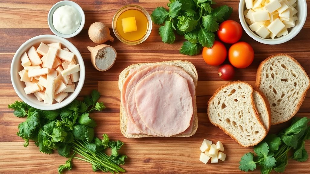 Ingredientes em uma mesa: pão de forma, presunto, mussarela, ovos, leite, requeijão e temperos organizados em tigelas
