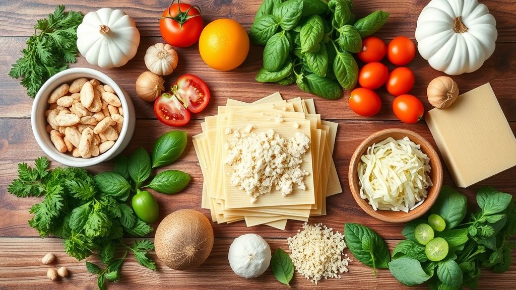 Visão de cima com os ingredientes da lasanha à bolonhesa organizados em uma bancada.