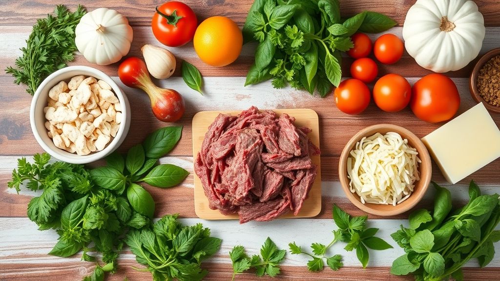 Visão de cima com os ingredientes organizados: carne moída, molhos, queijos e massa