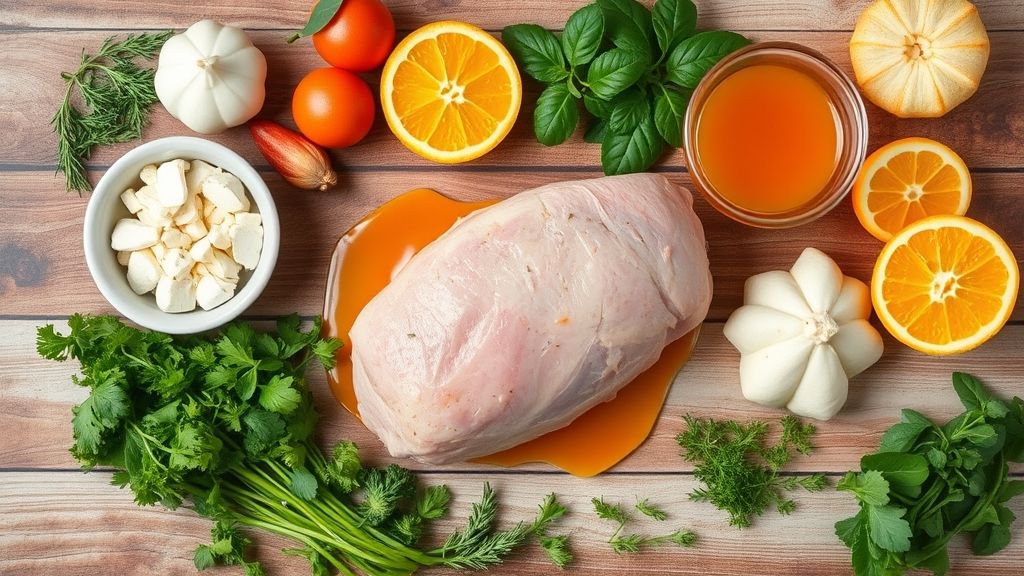Visão de cima com os ingredientes da receita organizados em uma bancada rústica, com laranjas, ervas e temperos.