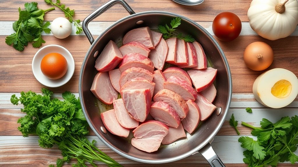 Visão de cima com as fatias de lombo, temperos e limão organizados sobre uma bancada de madeira