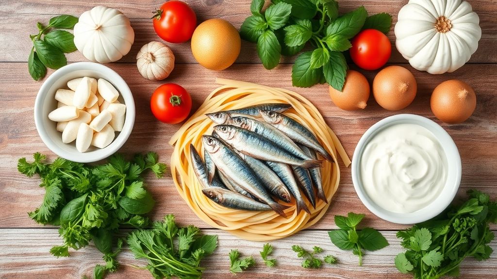 Visão de cima com os ingredientes como sardinha, creme de leite, tomate e macarrão organizados em bancada de madeira