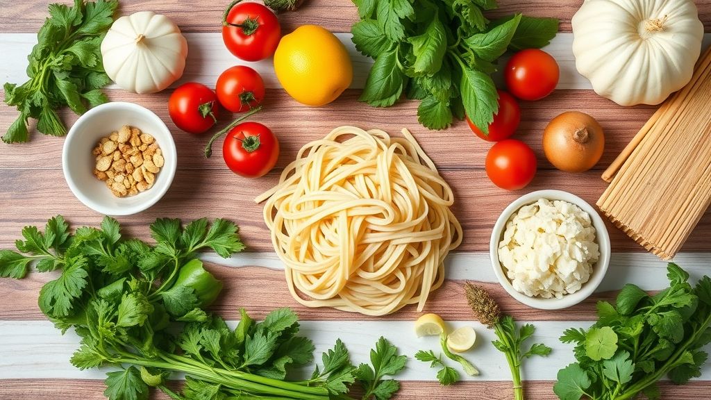 Visão de cima com macarrão cru, tomates, alho, azeite e temperos organizados em superfície de madeira