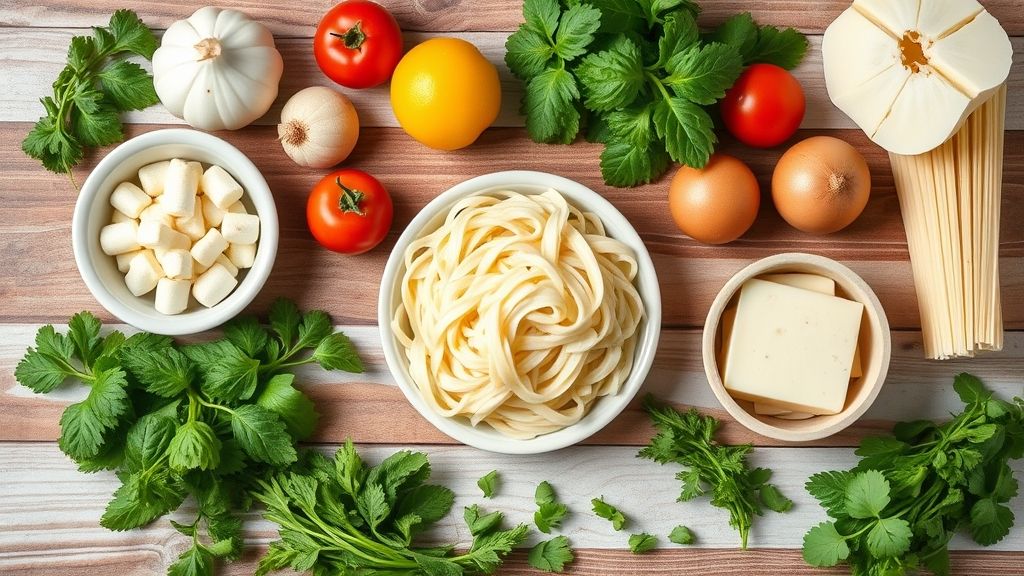 Visão de cima com todos os ingredientes da receita dispostos sobre bancada de madeira